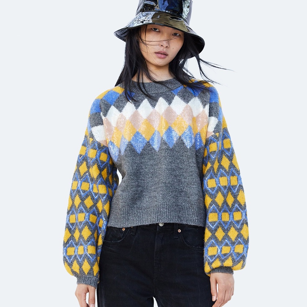 ZARA KNIT GLITTERY DIAMOND ARGYLE SWEATER BLOGGERS FAV EUC SZ SM